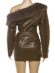 Brown leather outfit with fur trim on a mannequin against a white background