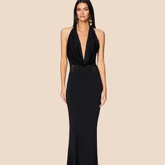 Black Lace Spliced Deep V Halter Evening Gown