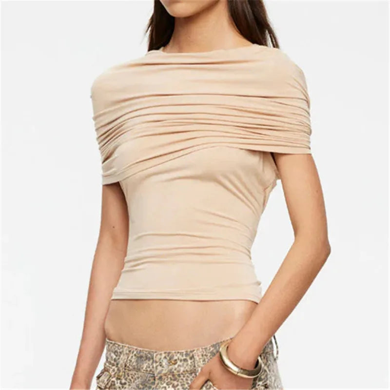 Beige ruched cape sleeve crop top