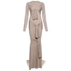 Beige long-sleeve dress with ruched design- front