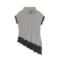 Gray sleeveless top with lace trim on a white background