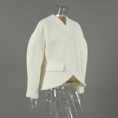 White Textured V-Neck Cropped Blazer