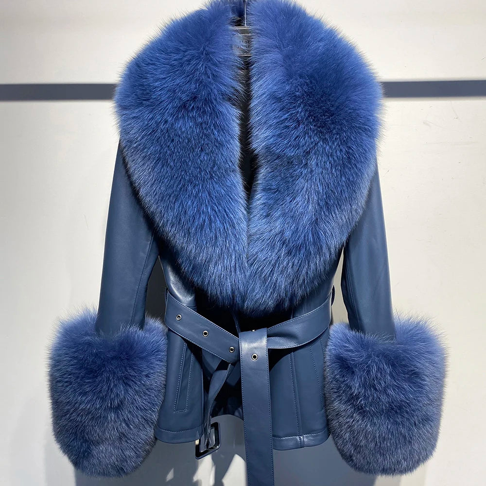 Blue leather jacket with fur trim