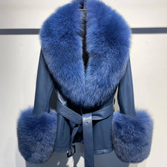 Blue leather jacket with fur trim