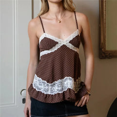 Brown polka dot cami top with white dots and lace trim
