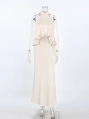 Halter Neck Folds Waist Maxi Dress