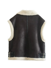 Black leather vest with white shearling lining