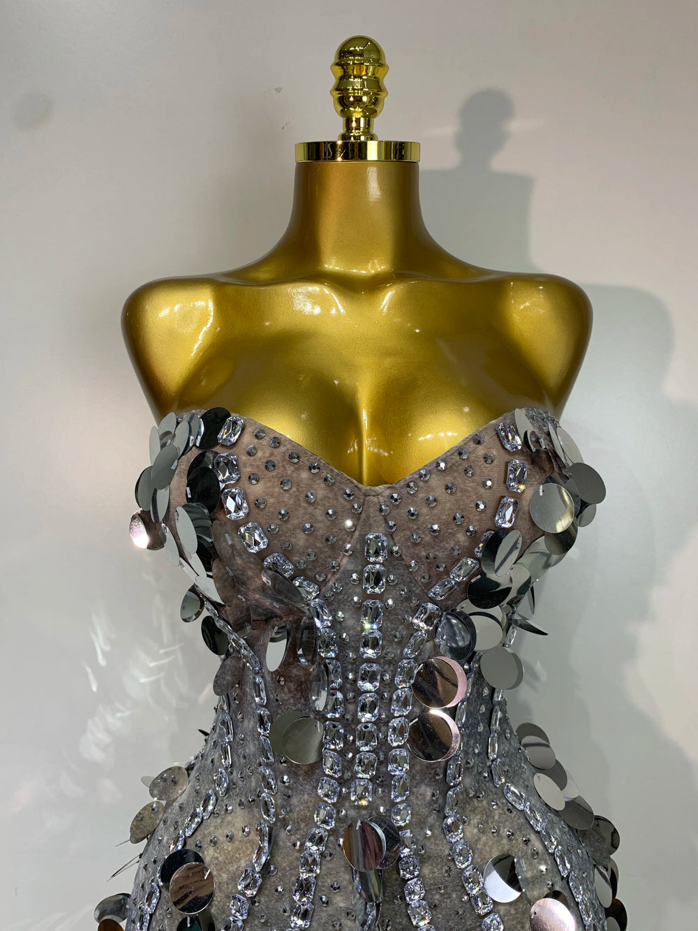 Sequined strapless mini dress bodice detail
