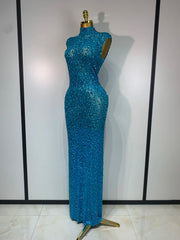 Rhinestone High Neck Sleeveless Dress
