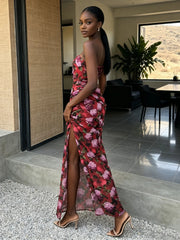 Strapless Red Floral Ruched Side Split Maxi Dress