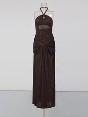 Brown Cross Halter Ruched Front Slit Maxi Dress