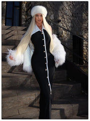 Turndown Collar Pearl Button A-line Black Midi Dress