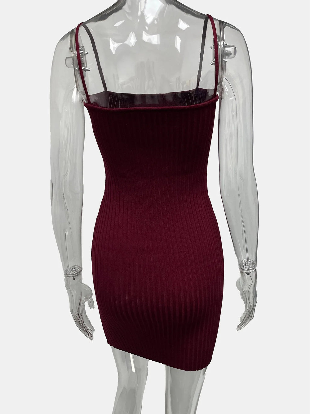 Burgundy ribbed dress on a transparent mannequin against a white background