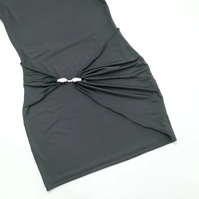 Dark gray dress with a bow detail on a white background