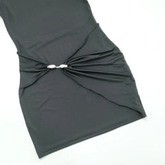 Dark gray dress with a bow detail on a white background