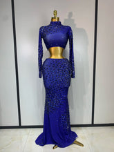 High neck long sleeve cutout rhinestone crop top and floor-length skirt set front view.