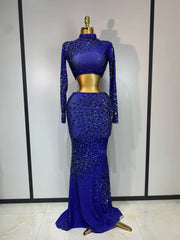 High neck long sleeve cutout rhinestone crop top and floor-length skirt set front view.