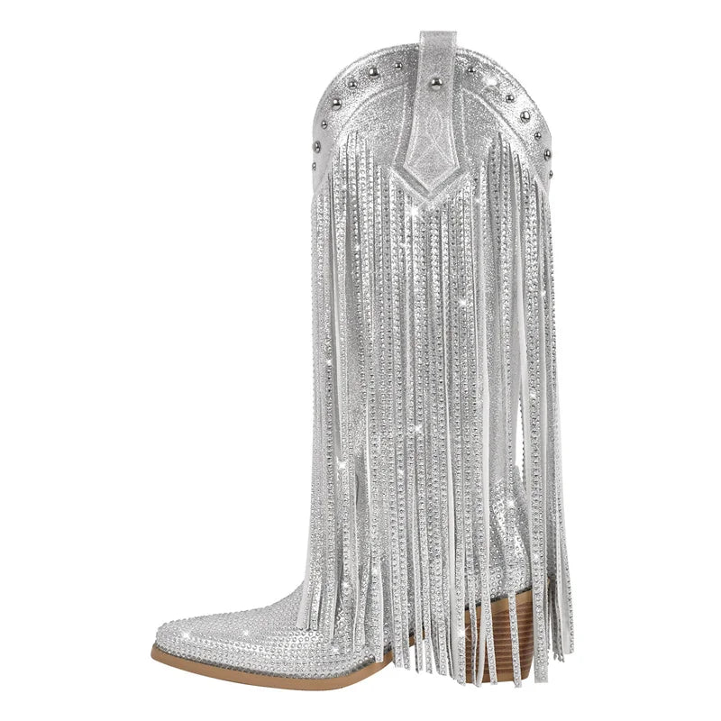 Silver cowboy boot with fringes on a white background