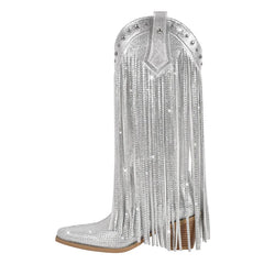 Silver cowboy boot with fringes on a white background