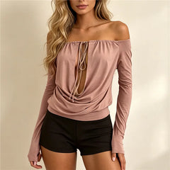 Off shoulder tie keyhole cutout cowl neck top with pink hue