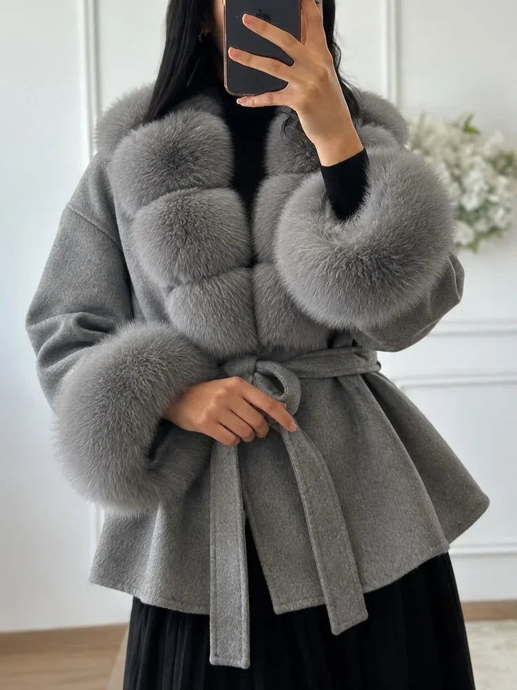Grey faux fur trim belted jacket