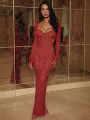 Red Lace Sheer Sleeve Removable-Sleeve Maxi Dress