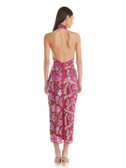 Pink Halter Sequin Midi Dress with Draped Neck Detail