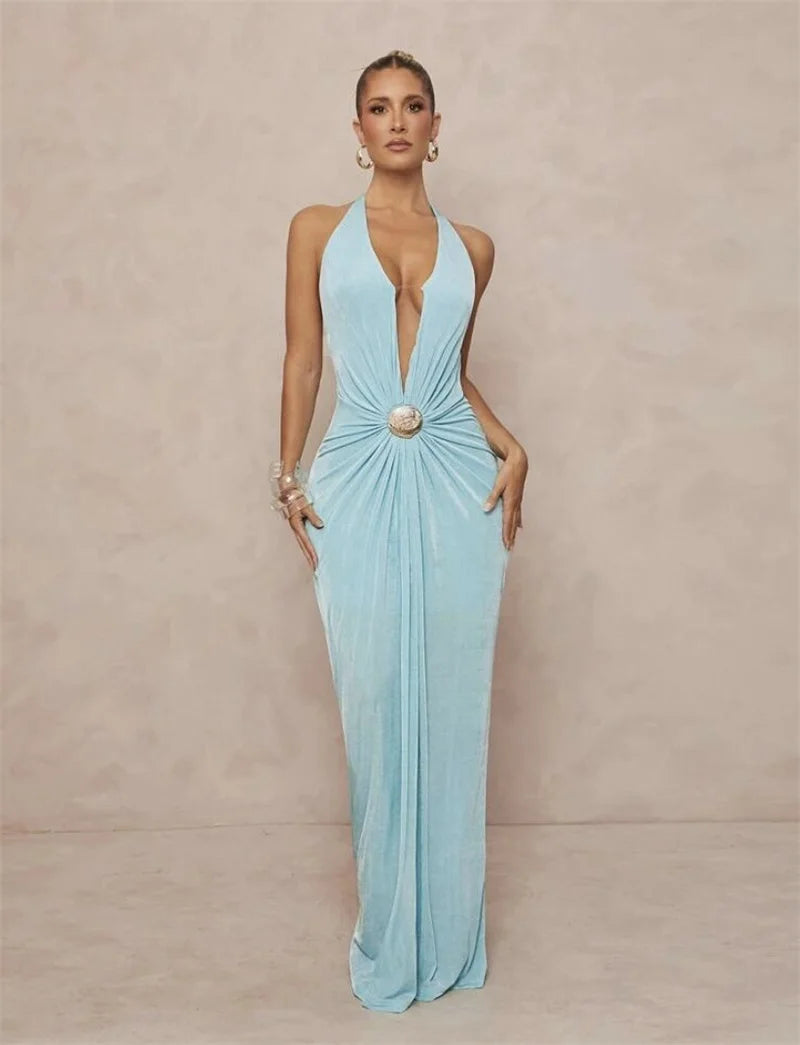 Light blue formal gown with a plunging halter neckline and draped waist.