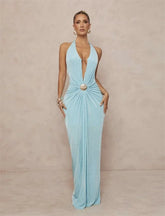 Light blue formal gown with a plunging halter neckline and draped waist.