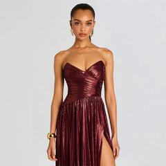 Plunging neckline slit maxi dress close-up torso
