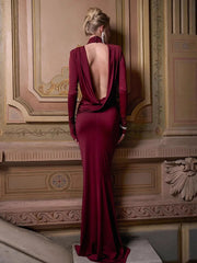 Wine red turtleneck maxi dress with open back