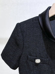 Black Tweed Mini Dress with Diamond Buttons