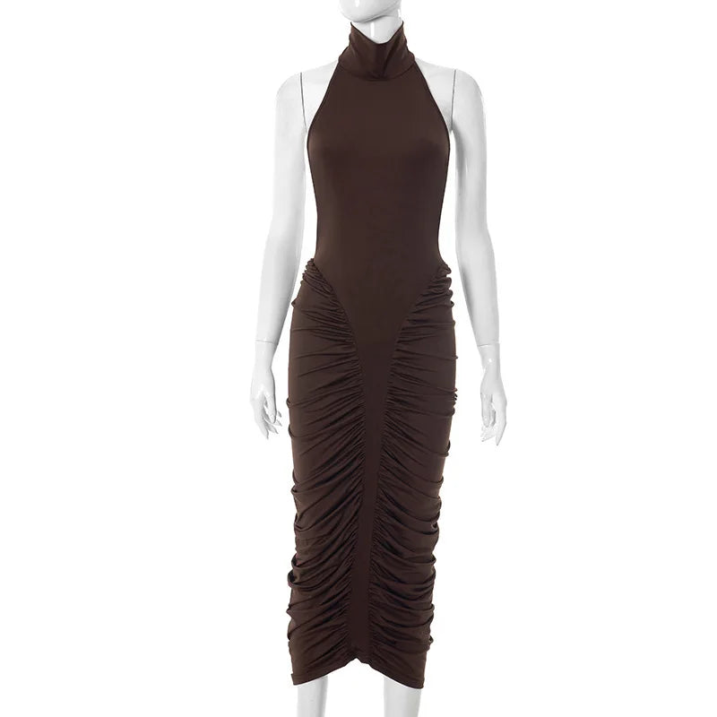 Brown halter neck dress on a mannequin against a white background