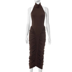 Brown halter neck dress on a mannequin against a white background