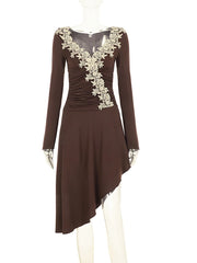 Brown Patchwork Lace V Neck Midi Dress