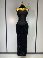 Strapless sequin maxi skirt, tube top & scarf.