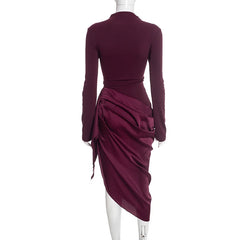 Long Sleeve Ruched Draped Midi Dress