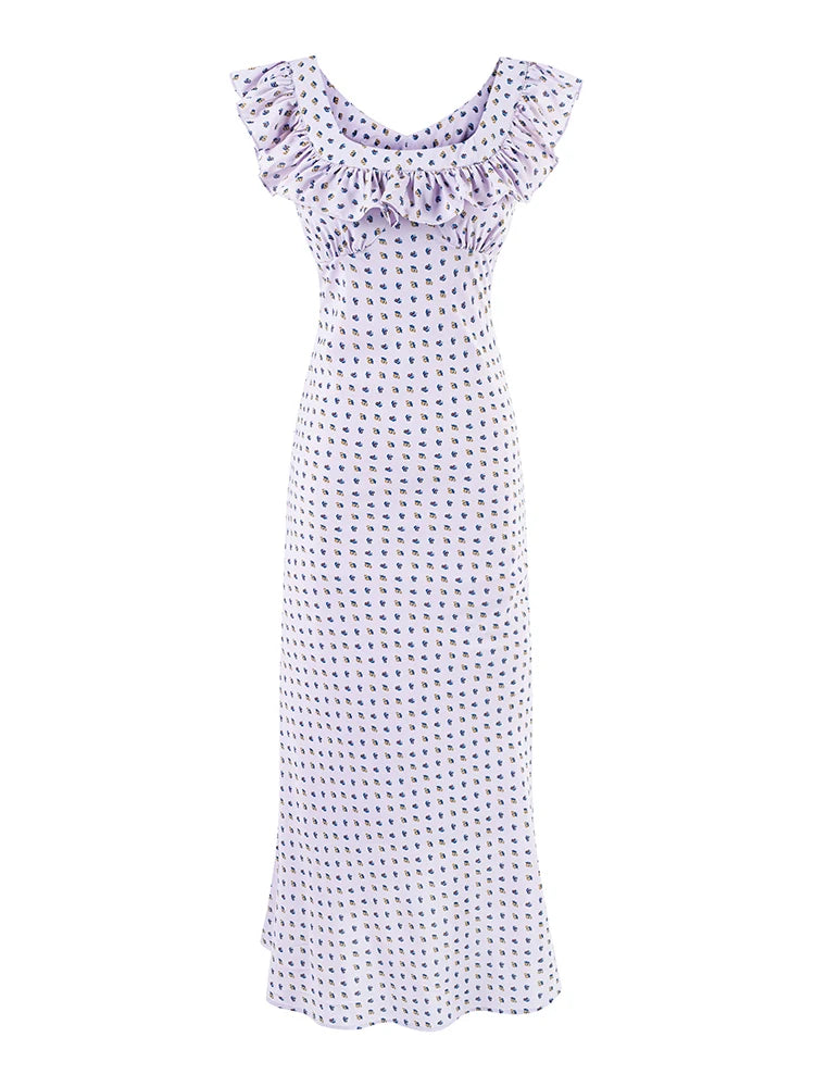 Light purple floral print maxi dress with v-neck and ruffles