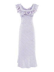 Light purple floral print maxi dress with v-neck and ruffles