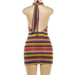 Striped Knit Halter Backless Mini Dress