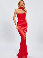 Red Satin Strapless Patchwork Gown with Draped Scarf Detail