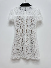 White Lace Short Summer Dress with Black Collar – Embroidered Fit & Flare Pocket Dress