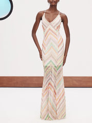 Back detail of rainbow chevron knit maxi dress