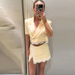 Yellow Crop Lace Trimmed Blazer and Skirt Suit