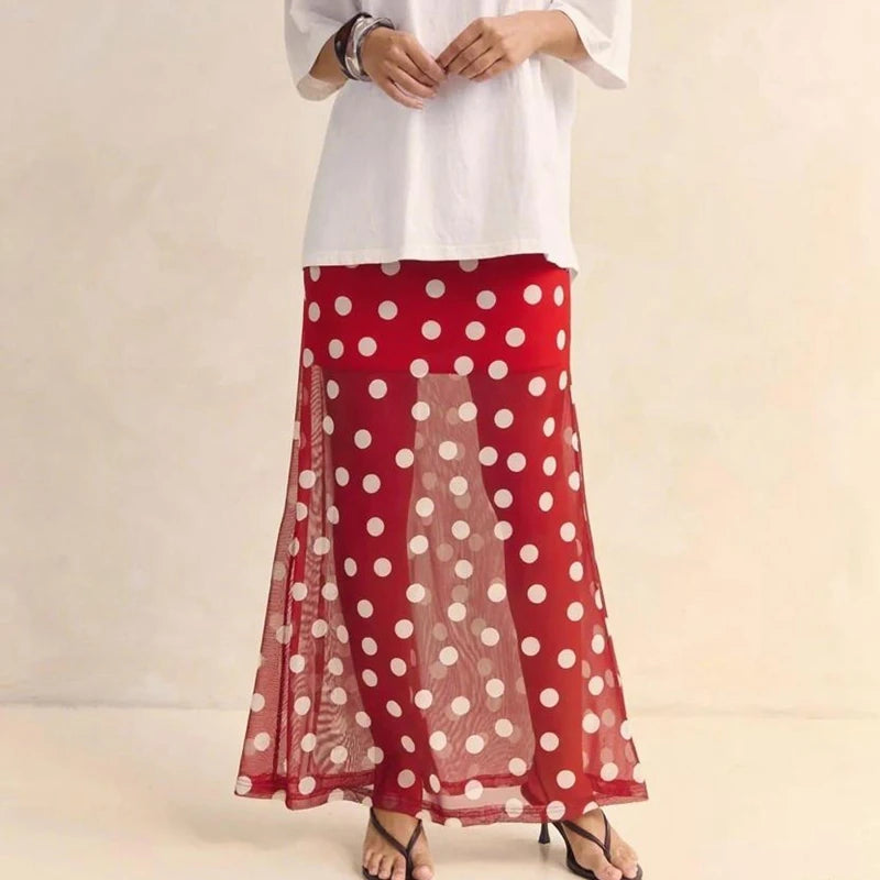 Polka dot mesh maxi skirt in red with white dots