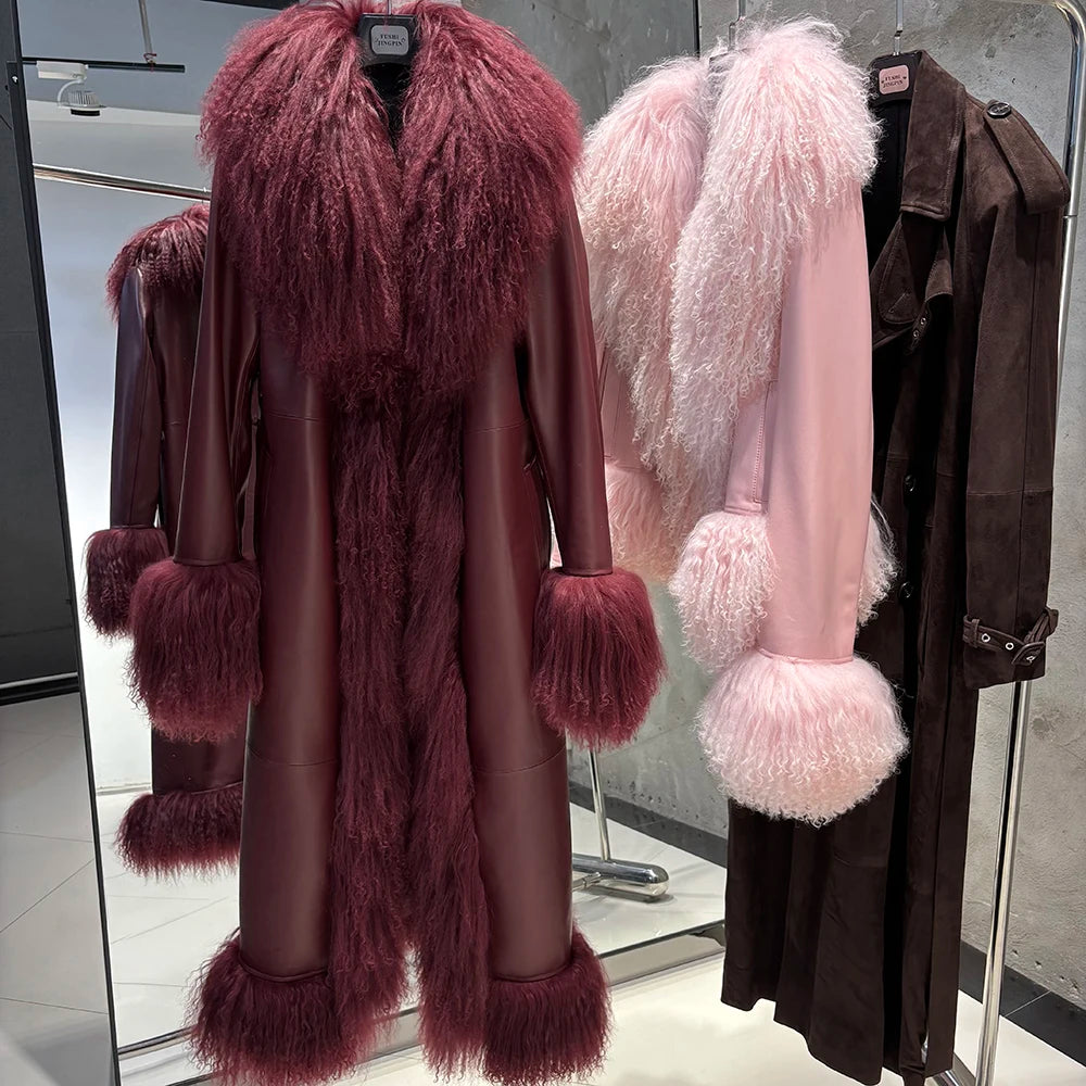 Fur-trimmed coat displayed in a store setting with other coats.