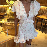 Floral ruffled V-neck mini dress front view