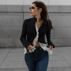 Ribbed Lace Trim Mock Neck Top