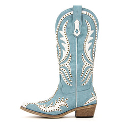 Light blue cowboy boot with white decorative patterns on a white background