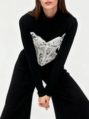Turtleneck Black Long Sleeve Top With White Corset Desgin